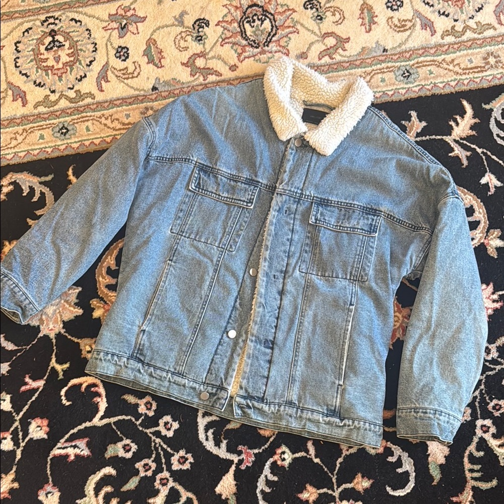 OAK + FORT Blue and White Jean Jacket with Sherpa Collar